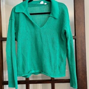 Gap Green Waffle Knit Cotton V-Neck Collared Sweater, Size Large.